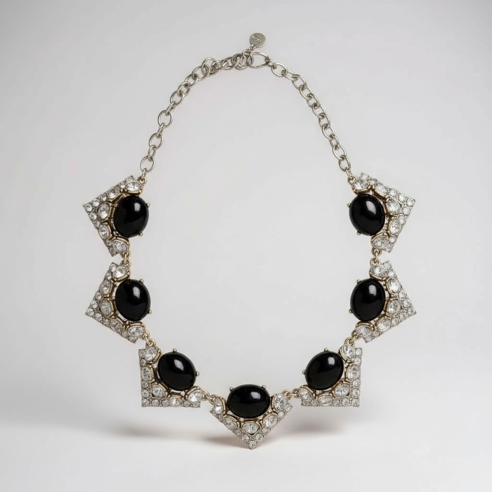 Stella & Dot Black and Silver Art Deco Statement Necklace